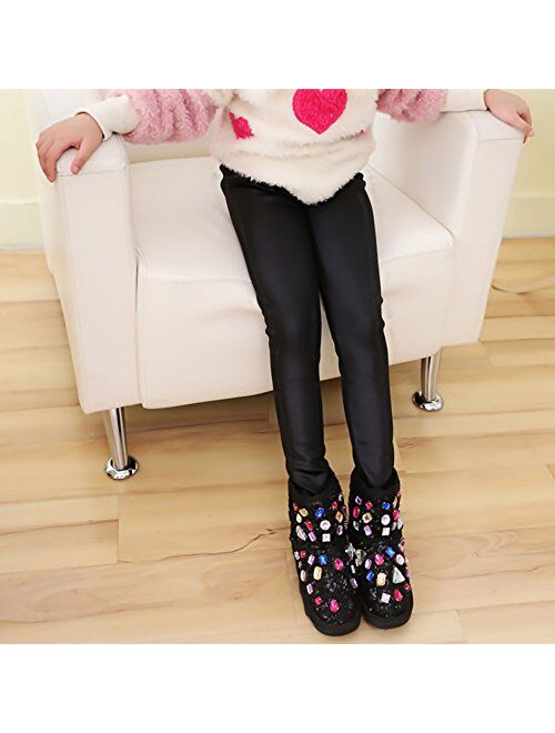 Hiigoo Girls Black Elasticity Faux Leather Pants Kids Thick Leggings Warmth Trousers for 2-14 Years Old Children