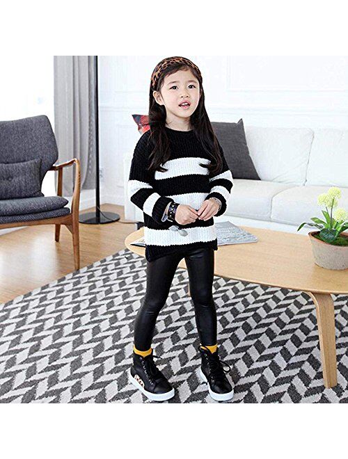 Hiigoo Girls Black Elasticity Faux Leather Pants Kids Thick Leggings Warmth Trousers for 2-14 Years Old Children
