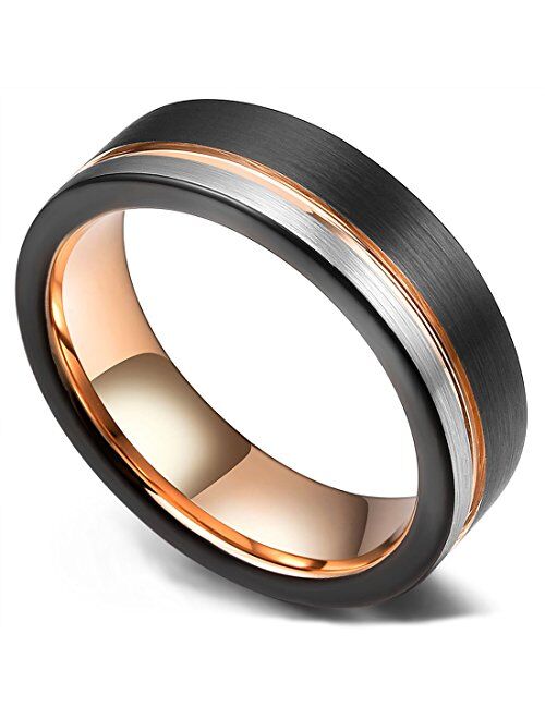 King Will LOOP Tungsten Carbide Wedding Band 6mm/8mm Rose Gold Line Ring Black and Silver Brushed Comfort Fit