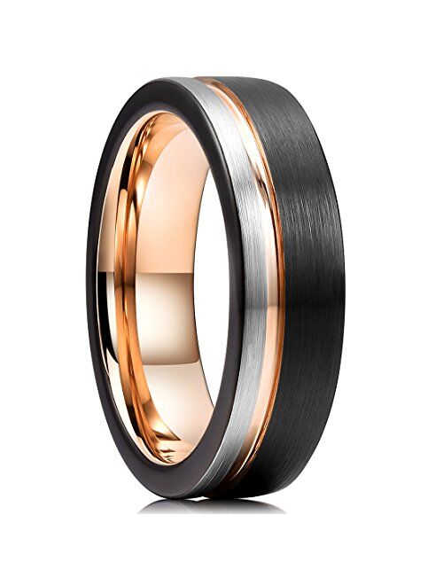 King Will LOOP Tungsten Carbide Wedding Band 6mm/8mm Rose Gold Line Ring Black and Silver Brushed Comfort Fit