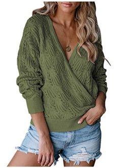 Womens Deep V Neck Wrap Sweaters Long Sleeve Crochet Knit Pullover Top