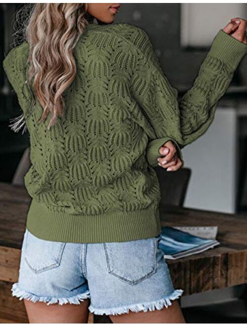 MEROKEETY Womens Deep V Neck Wrap Sweaters Long Sleeve Crochet Knit Pullover Top