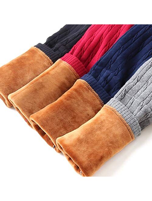 LUOUSE Girls Stretch Velvet Fleece Lined Leggings Little Kids Skinny Warm Thick Cable Knit Pants