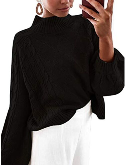 Women's Mock Turtleneck Lantern Sleeve Cable Knit Pullover Sweater Tops