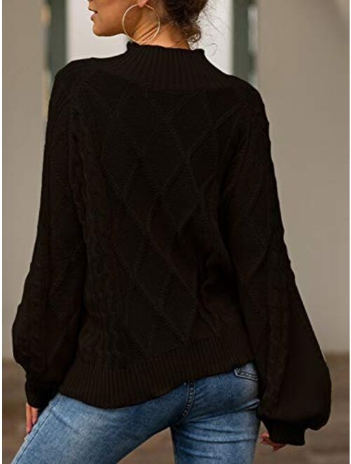 Women's Mock Turtleneck Lantern Sleeve Cable Knit Pullover Sweater Tops