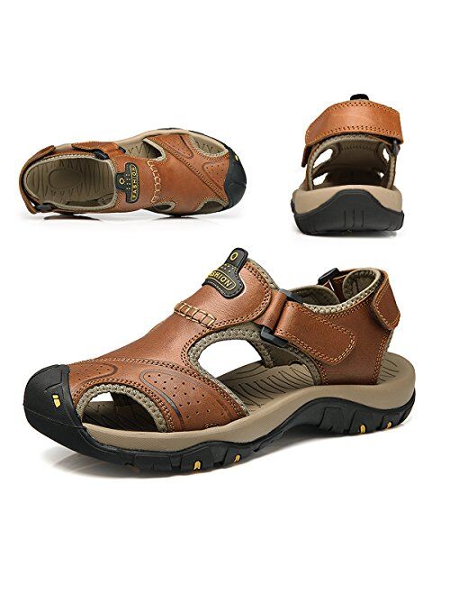 BINSHUN Sandals for Men Leather Hiking Sandals Athletic Walking Sports Fisherman Beach Shoes Closed Toe Water Sandals