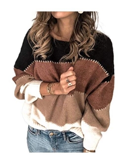 Womens Fashion Long Sleeve Striped Color Block Knitted Sweater Crew Neck Loose Pullover Jumper Tops