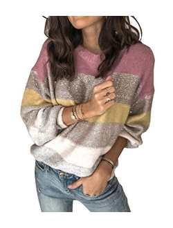 Womens Fashion Long Sleeve Striped Color Block Knitted Sweater Crew Neck Loose Pullover Jumper Tops