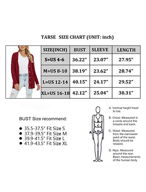 TARSE Women's Open Front Long Sleeve Cardigan Sweater Cable Knit Pocket Outwear