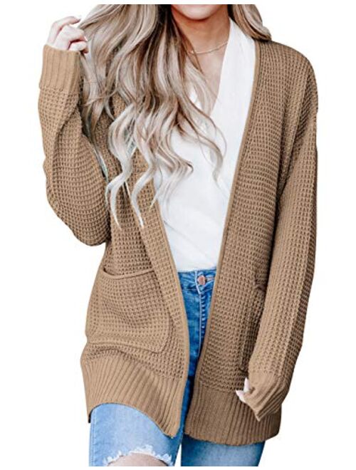 MEROKEETY Womens Long Sleeve Waffle Knit Cardigan Open Front Side Slit Sweater with Pockets