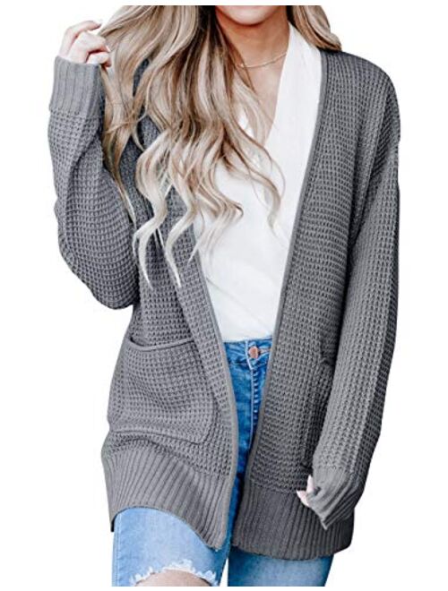 MEROKEETY Womens Long Sleeve Waffle Knit Cardigan Open Front Side Slit Sweater with Pockets