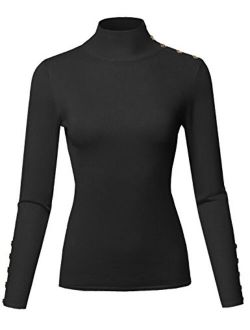 Women's Casual Solid Long Sleeve Button Detail Turtleneck Sweater