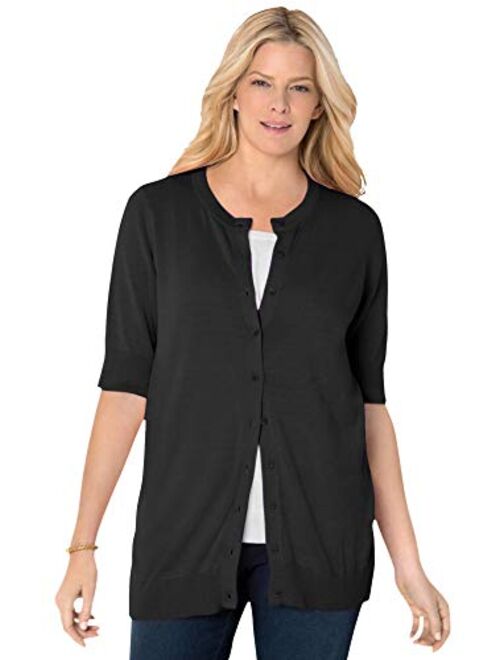 Woman Within Women's Plus Size Perfect Elbow-Length Sleeve Cardigan Sweater