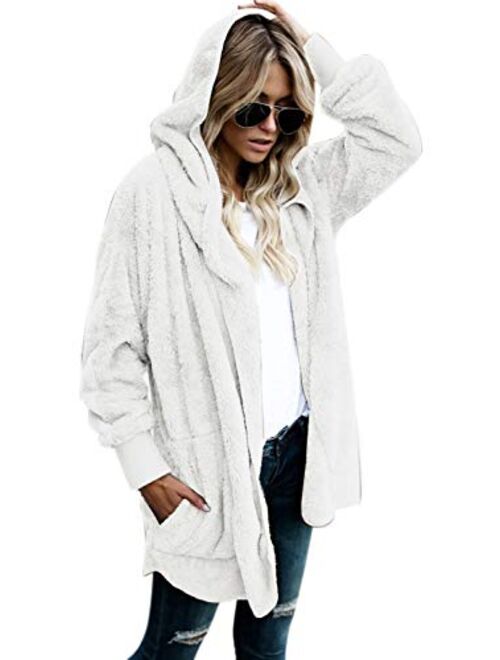 Women Hooded Cardigan Fuzzy Jacket Winter Open Front Fleece Coat Outwear with Pockets