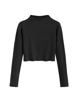 Women's Mock Neck Long Sleeve Ribbed Knit Pullover Crop Sweater