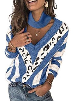 ZKESS Women Loose Round Neck V Criss Cross Backless Long Sleeve Knit Pullover Sweater Jumper Tops