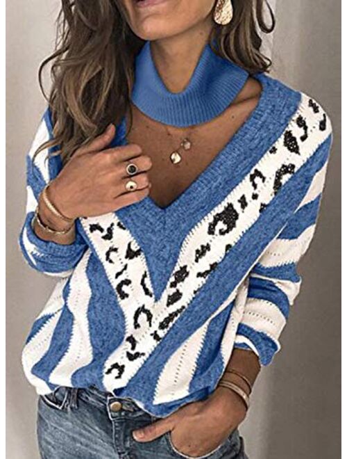 ZKESS Women Loose Round Neck V Criss Cross Backless Long Sleeve Knit Pullover Sweater Jumper Tops