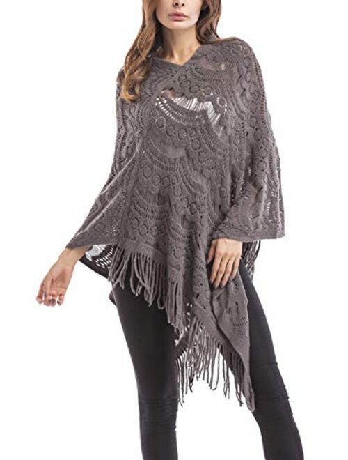 QZUnique Women's Sweater Cape Pullover Knitted Shawl Scarf Tassels Knit Poncho Wrap