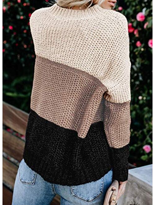 Tiksawon Womens Color Block Striped Oversized Crew Neck Sweaters Pullover Fashion Long Sleeve Loose Knitted Jumper Tops