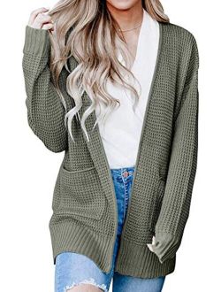 Women's Long Sleeve Open Front Waffle Knit Sweater Cardigans Coat Outwear with Pockets