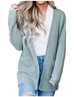 Women's Long Sleeve Open Front Waffle Knit Sweater Cardigans Coat Outwear with Pockets