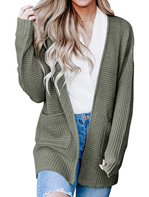 ZESICA Women's Long Sleeve Open Front Waffle Knit Sweater Cardigans Coat Outwear with Pockets
