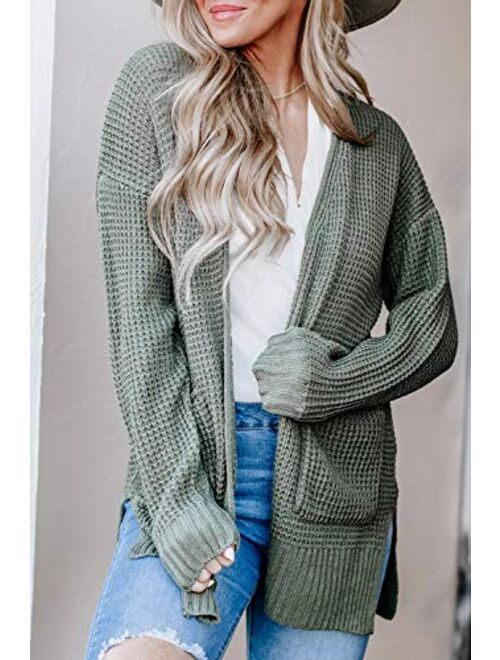 ZESICA Women's Long Sleeve Open Front Waffle Knit Sweater Cardigans Coat Outwear with Pockets