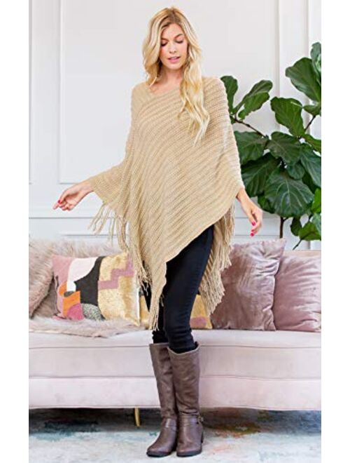 Classic Soft Knit Poncho Shawl Wrap - Basic Warm Pullover Fringe Tassel Sweater Chunky Crochet, Plain V-Neck, Turtleneck