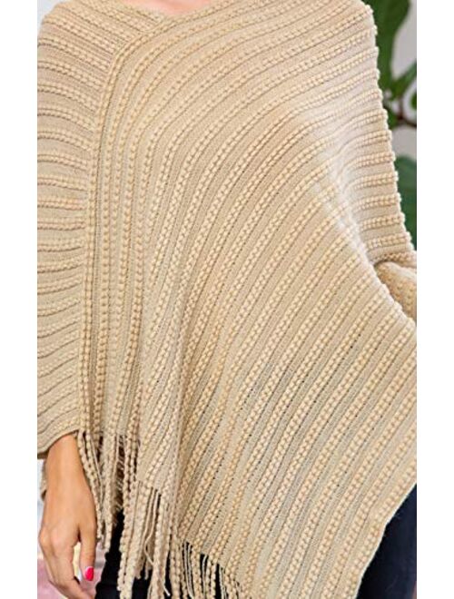 Classic Soft Knit Poncho Shawl Wrap - Basic Warm Pullover Fringe Tassel Sweater Chunky Crochet, Plain V-Neck, Turtleneck