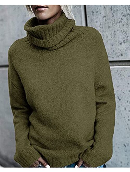 FISACE Womens Solid Round Neck Oversized Turtleneck Full Sleeve Knitted Sweater Pullover