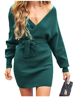 Women's Long Batwing Sleeve Wrap V Neck Knitted Backless Bodycon Pullover Sweater Dress with Belt
