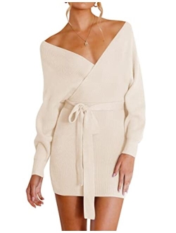 Women's Long Batwing Sleeve Wrap V Neck Knitted Backless Bodycon Pullover Sweater Dress with Belt