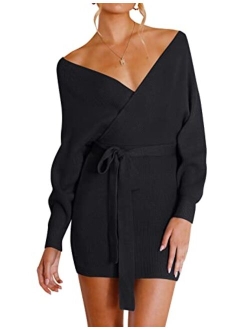 Women's Long Batwing Sleeve Wrap V Neck Knitted Backless Bodycon Pullover Sweater Dress with Belt