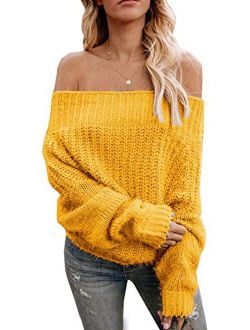 SySea Womens Off The Shoulder Sweater Sexy V Neck Pullover Sweaters Oversized Chunky Knit Jumpers
