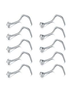 Briana Williams Nose Rings 10Pcs 20G Nose Screw Rings Studs Surgical Steel Piercing Jewelry 2mm Clear CZ