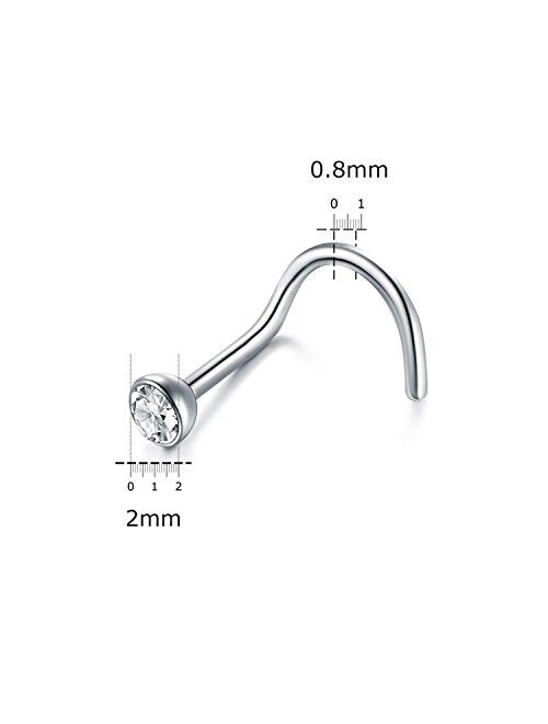 Briana Williams Nose Rings 10Pcs 20G Nose Screw Rings Studs Surgical Steel Piercing Jewelry 2mm Clear CZ