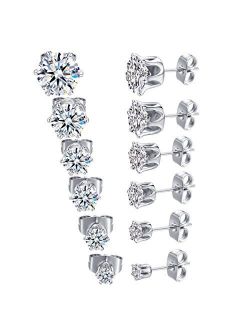 MDFUN 18K White Gold Plated Round Clear Cubic Zirconia Stud Earring Pack of 6 Pairs (6 Pairs)