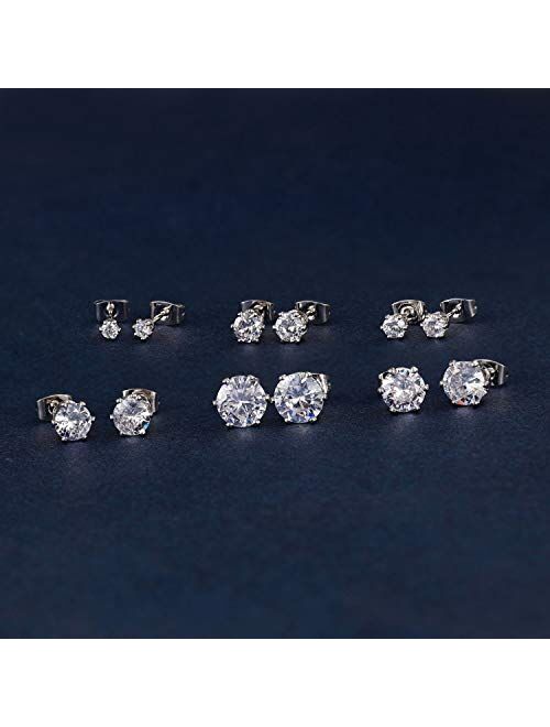 MDFUN 18K White Gold Plated Round Clear Cubic Zirconia Stud Earring Pack of 6 Pairs (6 Pairs)