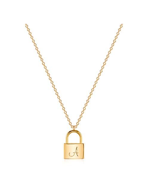 Mevecco Gold Dainty Initial Necklace Lock Necklace 18K Gold Plated Padlock Necklace Letter Necklaces for Women Minimalist Personalized Jewelry