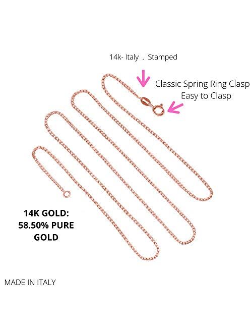 14K Solid Yellow or White or Rose/Pink Gold 0.5MM,0.7MM,0.9MM,1.1MM,1.2MM Italian Diamond Cut Box Chain Necklace