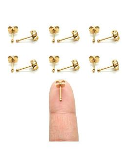 6 Pairs 14K Gold Plated 316L Surgical Steel Cartilage Piercing Tiny Stud Earrings 20G, Style Ball - Pearl - Cubic Zirconia - Disc, Color Gold - Silver - Rose Gold - Black