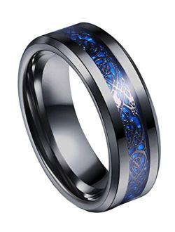 Tanyoyo 8mm Blue Black Dragon Pattern Beveled Edges Celtic Rings Jewelry Wedding Band For Men 7-14