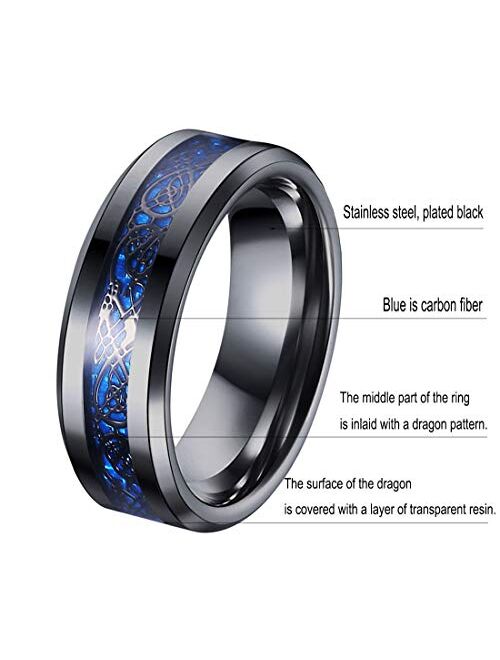 Tanyoyo 8mm Blue Black Dragon Pattern Beveled Edges Celtic Rings Jewelry Wedding Band For Men 7-14