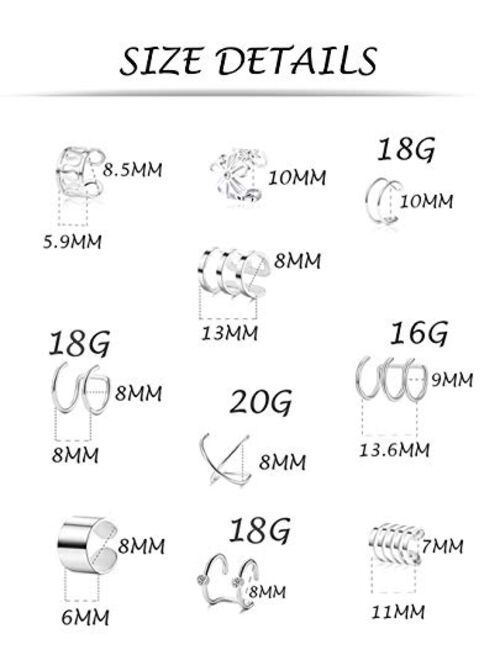 Tornito 4-10 Pairs Stainless Steel Ear Cuff Helix Cartilage Clip On Wrap Earrings Fake Nose Ring Non-Piercing Adjustable