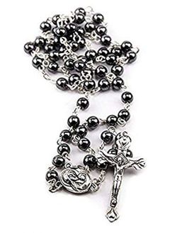 Hematite Rosary Black Stone Beads Necklace with Jerusalem Holy Soil & Cross