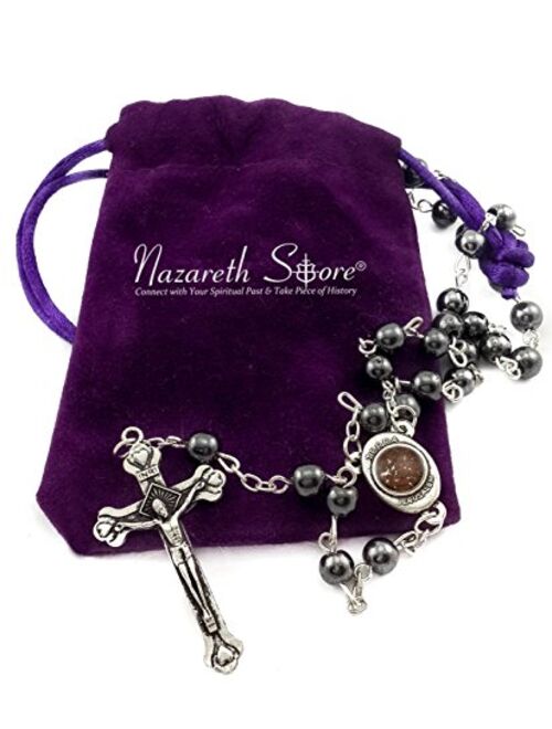 Hematite Rosary Black Stone Beads Necklace with Jerusalem Holy Soil & Cross