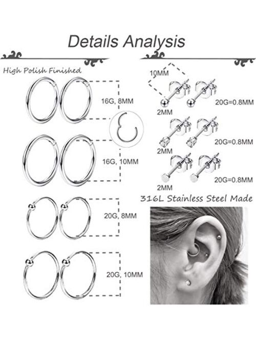 REVOLIA 10Pairs Stainless Steel Cartilage Earrings for Men Women Stud Earrings Ball CZ Tragus Helix Piercing