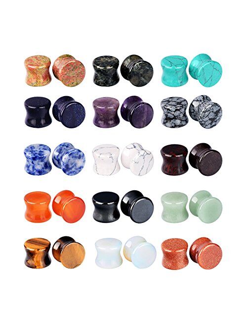 Longbeauty 20/30 Pcs Set Mixed Stone Saddle Double Flared Ear Tunnels Expander Plugs Stretcher 3MM-20MM