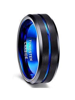 Greenpod Mens Tungsten Ring Wedding Band 8mm 10mm Engraved I Love You Thin Blue/Rose Gold/Black Centre Groove Comfort Fit Size 6-17