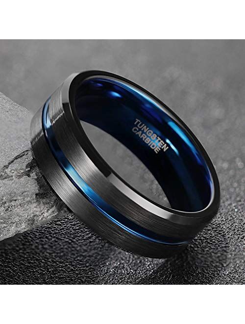 Greenpod Mens Tungsten Ring Wedding Band 8mm 10mm Engraved I Love You Thin Blue/Rose Gold/Black Centre Groove Comfort Fit Size 6-17